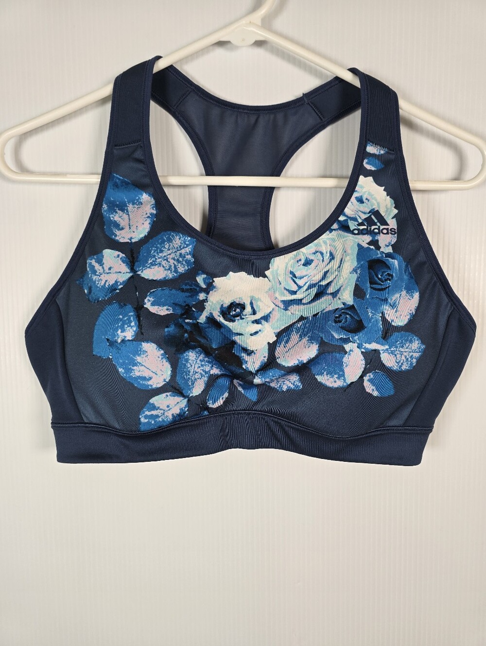 adidas Women's Navy Blue Floral Mesh Racerback Medium-Impact Sports Bra Size L